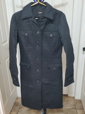 Express Black Quilted Trench Coat with Flap Pockets